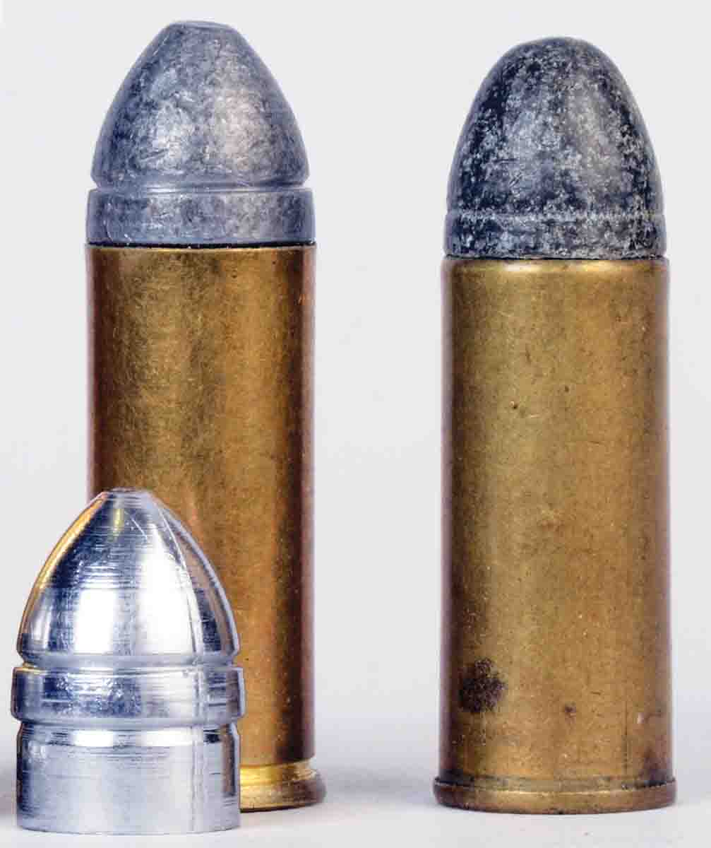 America’s first .45 cartridge (in fact, if not in name) was the .44 Colt. At left is Mike’s handload with a Rapine mould 451210 bullet. At right is an original Remington-UMC .44 Colt factory round.
